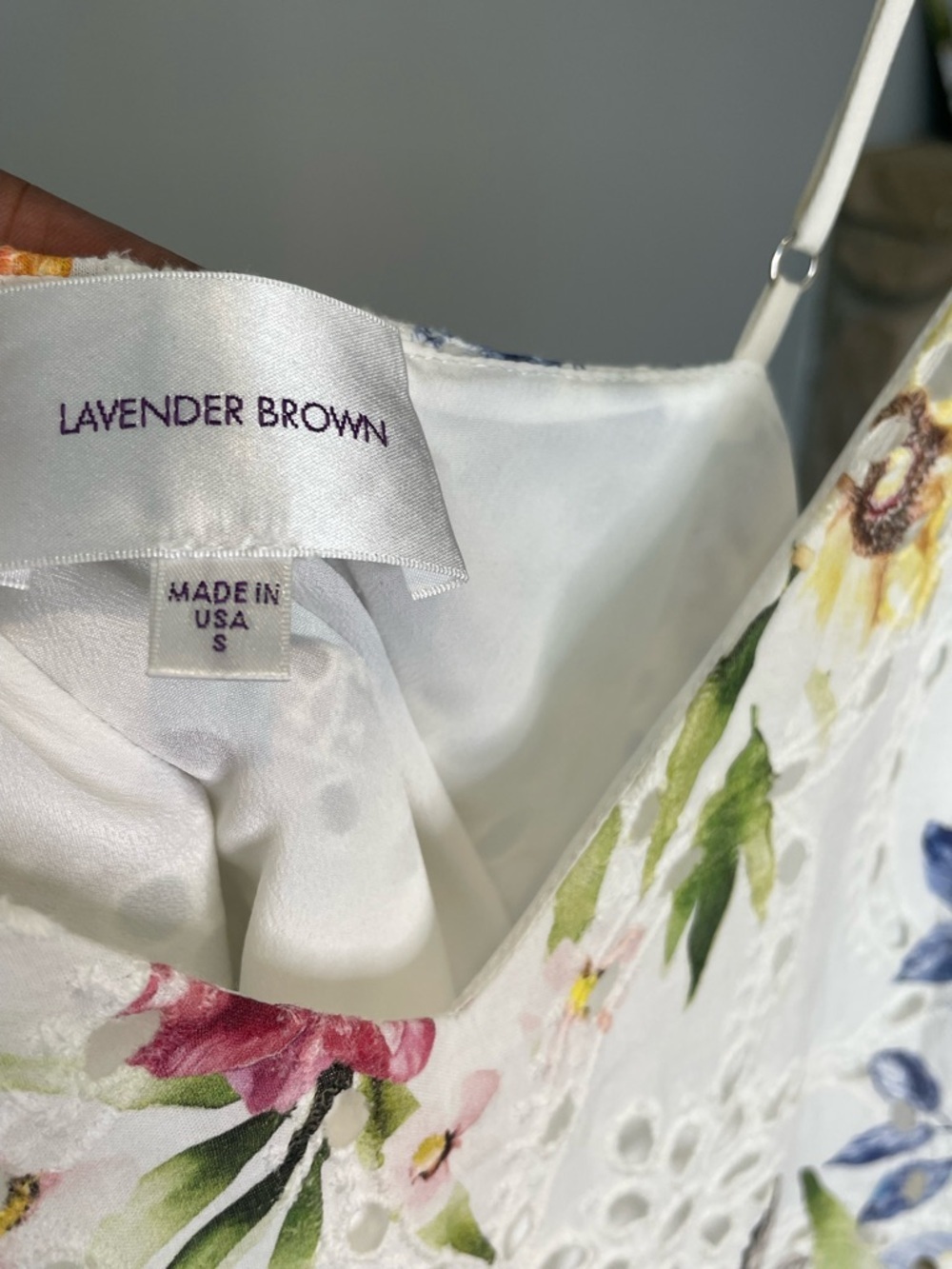 Lavender Brown White Floral Eyelet Spring Midi Dress - Small - Picture 3 of 4